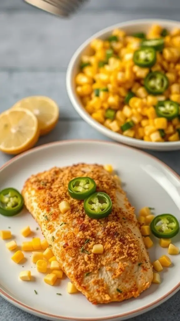 A plate of Southwestern breaded tilapia garnished with jalapeños and served with corn salad.