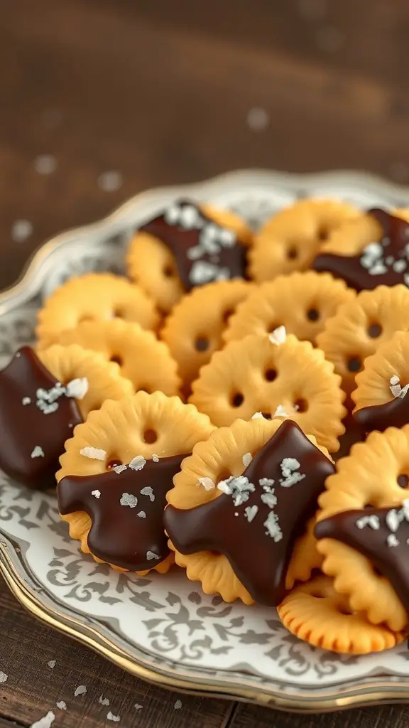 A plate of chocolate-covered Ritz crackers with sea salt