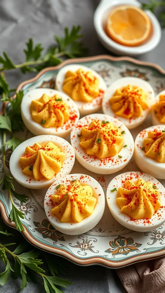 A platter of deviled eggs decorated with paprika and herbs.