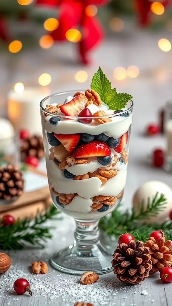 A festive fruit and nut breakfast parfait in a clear glass, layered with yogurt, strawberries, blueberries, and nuts, topped with a mint leaf.