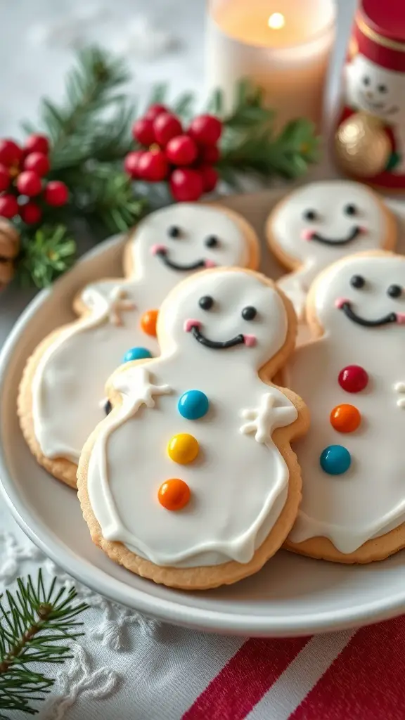 A plate of decorated snowman cookies with icing and colorful candy buttons, surrounded by festive decorations.