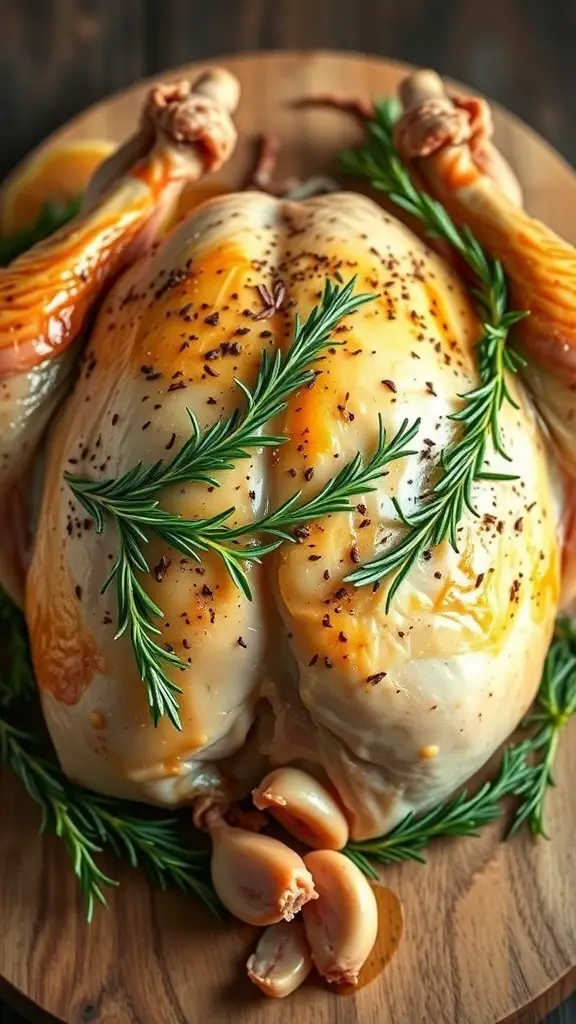 A whole roasted turkey garnished with rosemary and garlic on a wooden platter.