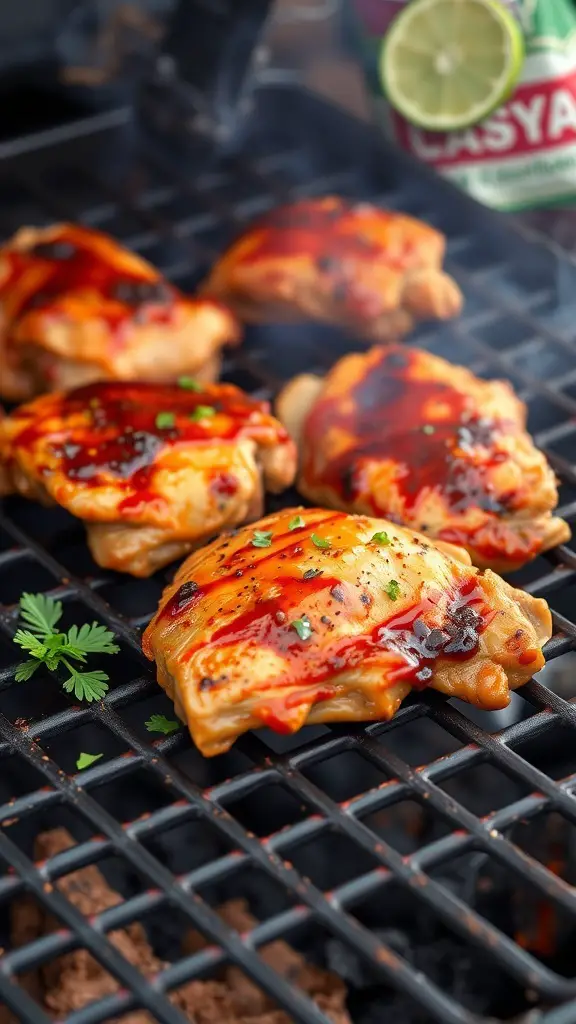 Grilled spicy turkey thighs with chipotle marinade on a grill