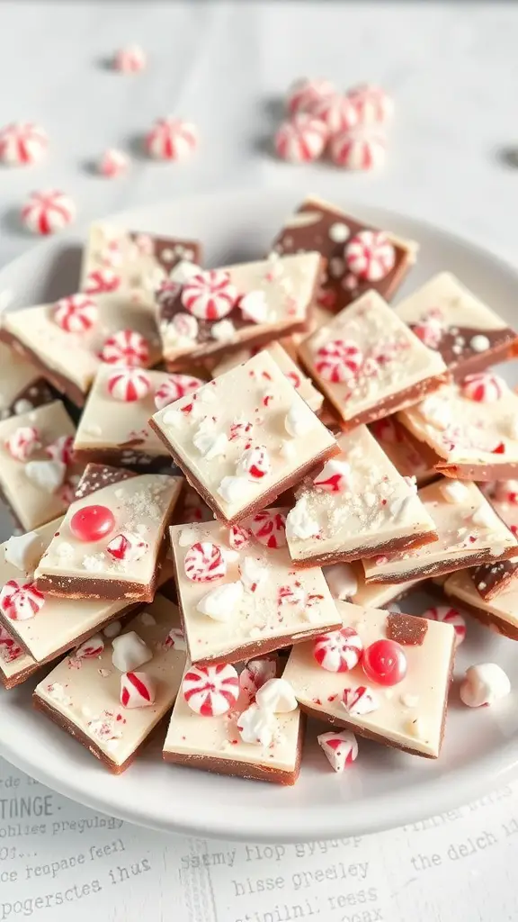 A platter of peppermint bark squares with crushed peppermint candies on top.