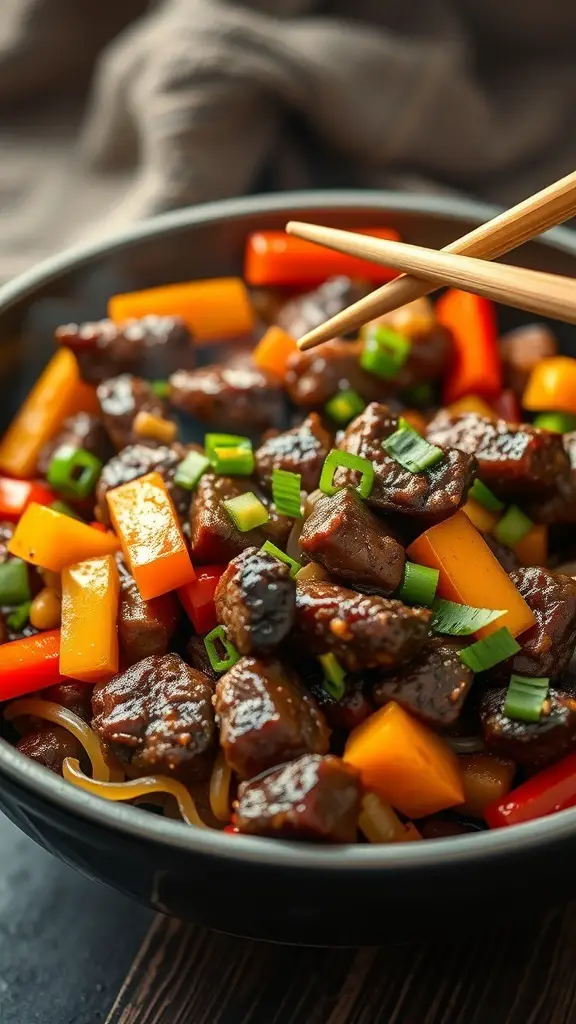 A bowl of beef stir-fry with colorful vegetables and chopsticks