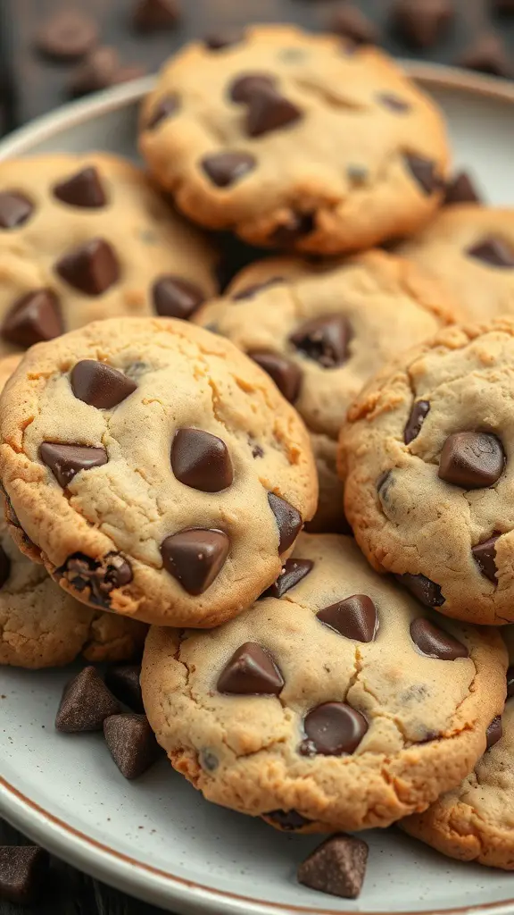 A plate of freshly baked chocolate chip cookies with chocolate chips on top.
