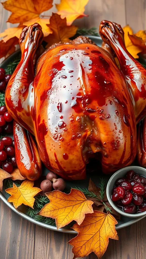 A beautifully glazed turkey with maple syrup, surrounded by autumn leaves and cranberries.