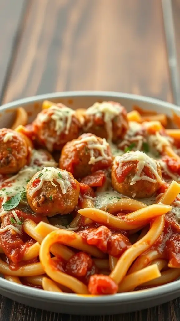 Baked Cellentani pasta with meatballs and tomato sauce topped with cheese