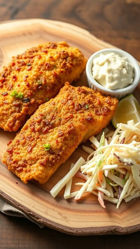 Southern style fried tilapia served with coleslaw and tartar sauce on a wooden platter.