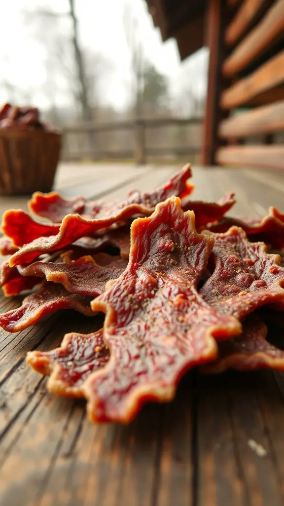 A close-up of beef jerky pieces on a wooden surface.