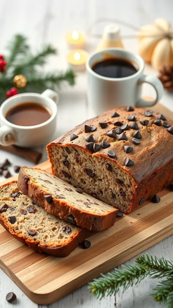 A loaf of chocolate chip banana bread on a wooden board with slices cut, surrounded by coffee cups and festive decorations.