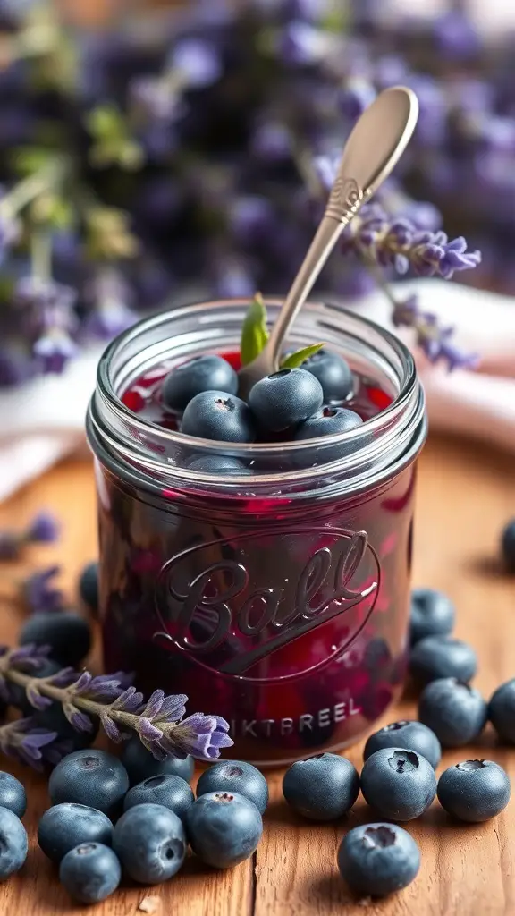 A jar of blueberry lavender jam with fresh blueberries and lavender sprigs around it.