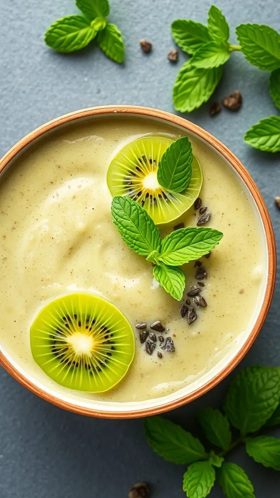 A smoothie bowl topped with sliced kiwi and fresh mint leaves.