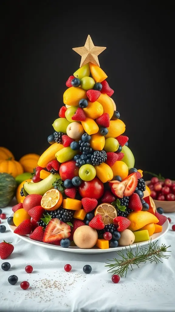 A colorful fruit platter shaped like a Christmas tree, topped with a star.