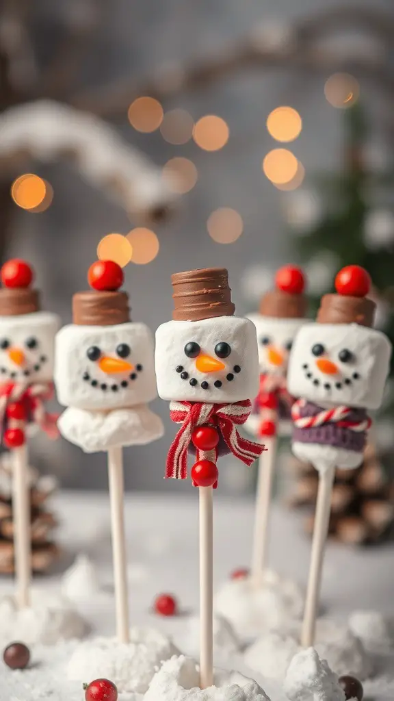 Marshmallow snowman pops decorated with candy, set against a festive background.