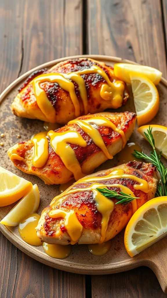 Honey mustard glazed chicken tenderloins on a wooden plate with lemon slices
