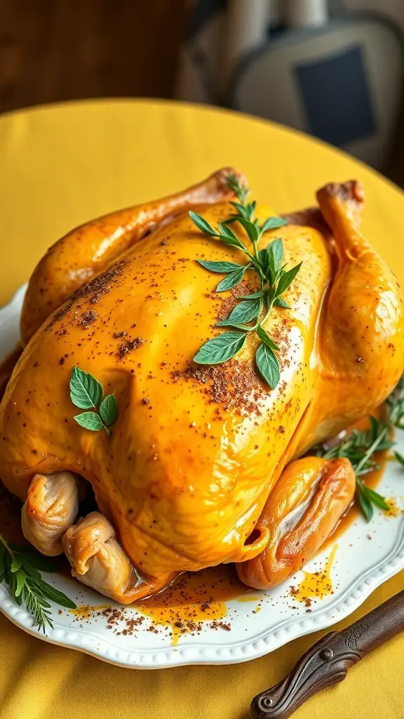 A beautifully roasted turkey infused with turmeric and ginger, garnished with fresh herbs.