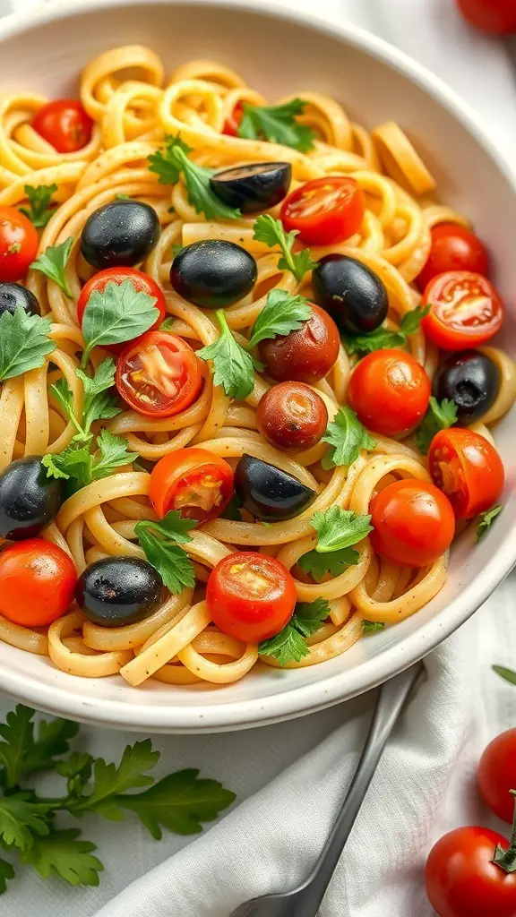 A bowl of vegetarian pesto pasta salad with cherry tomatoes, olives, and parsley.