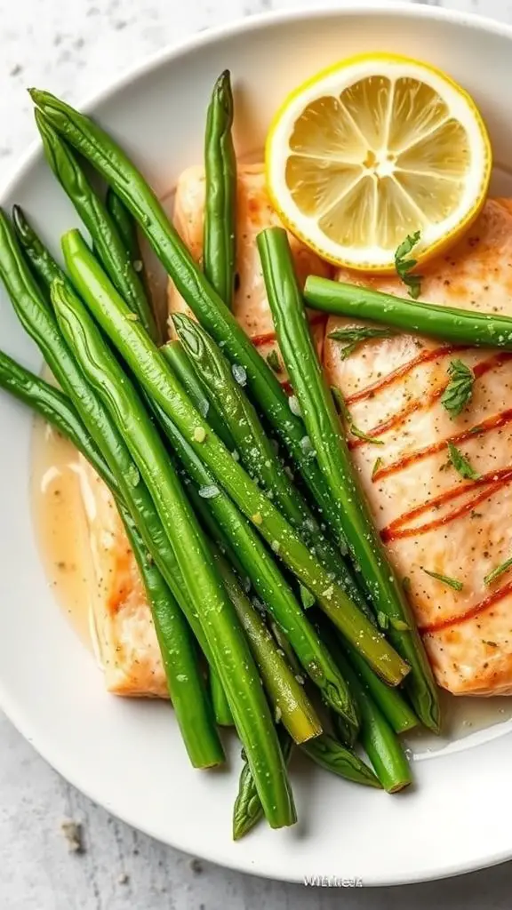 A plate of garlic butter salmon with green beans and a slice of lemon