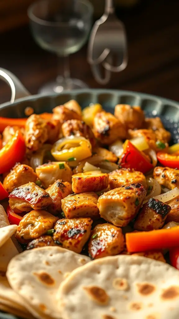 A plate of chicken fajitas with grilled peppers and tortillas