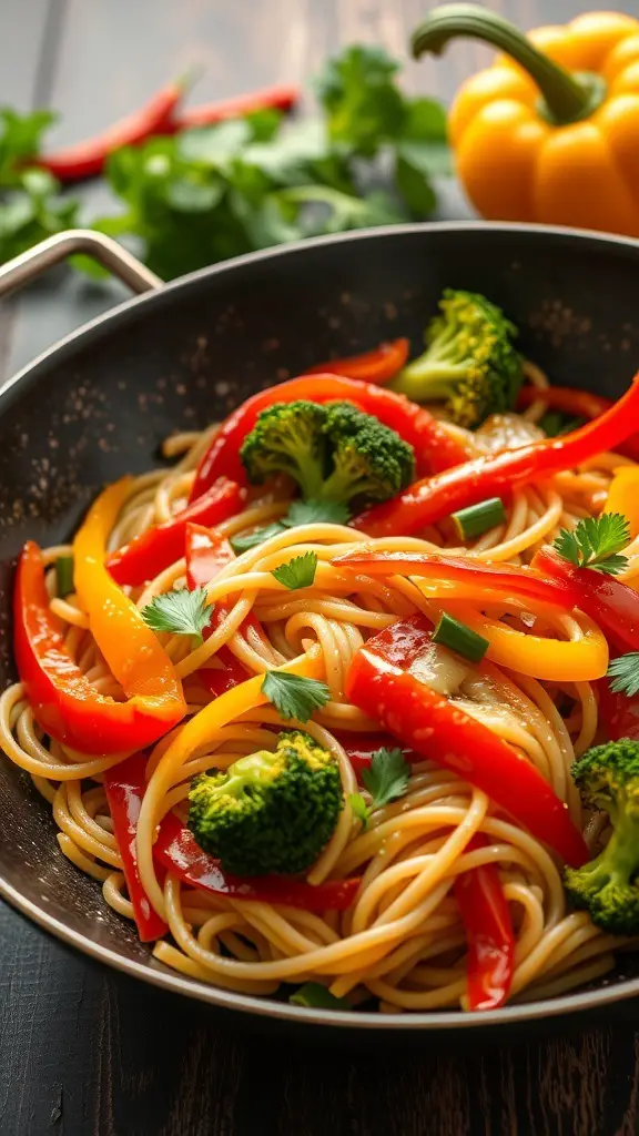 A colorful vegetable stir-fry with noodles featuring red and yellow bell peppers, broccoli, and garnished with herbs.