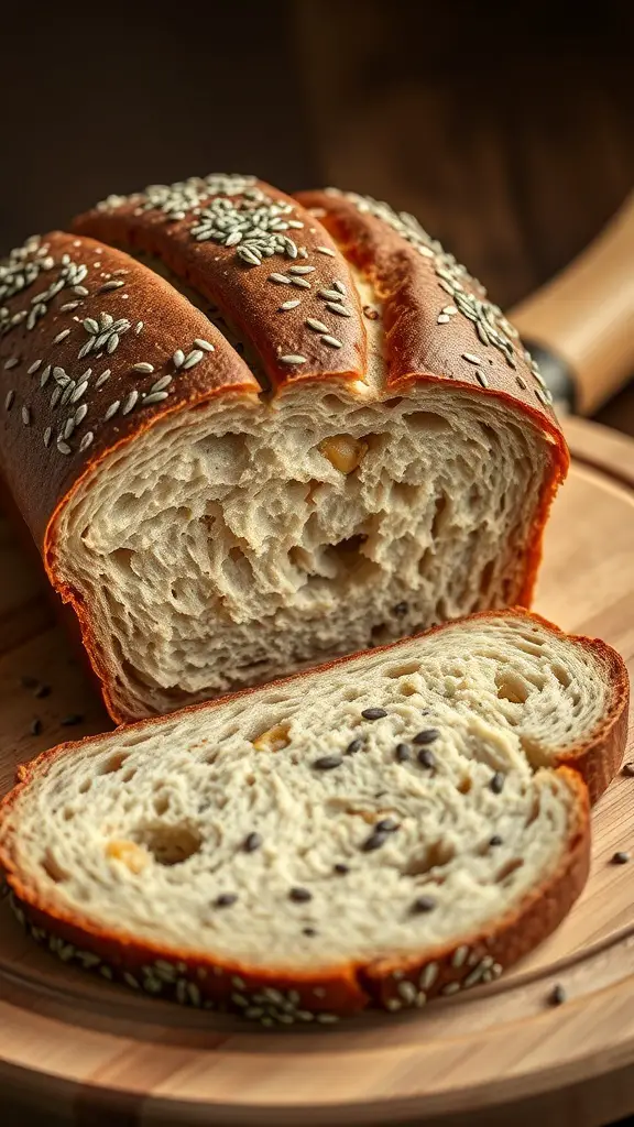 A loaf of rye bread with a golden crust and seeds on top, sliced to show the inside texture.