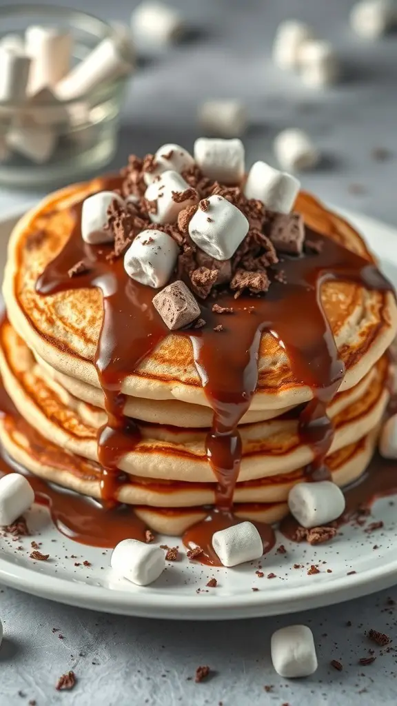 A stack of hot chocolate pancakes topped with chocolate sauce, mini marshmallows, and chocolate shavings.