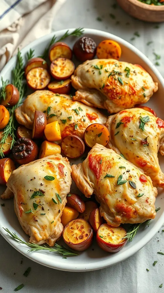 Baked garlic butter chicken thighs with roasted vegetables on a white plate.