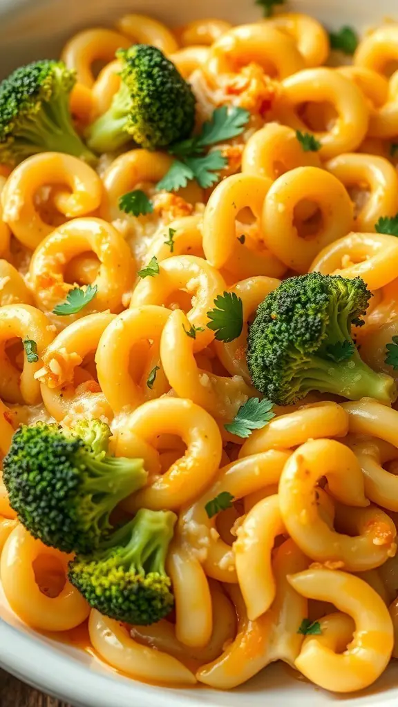 Baked elbow noodles with broccoli and cheese in a serving dish