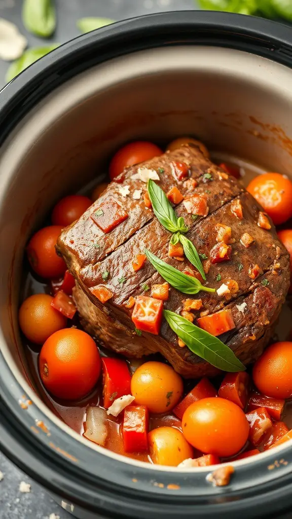 A pot roast with tomatoes and herbs in a crock pot