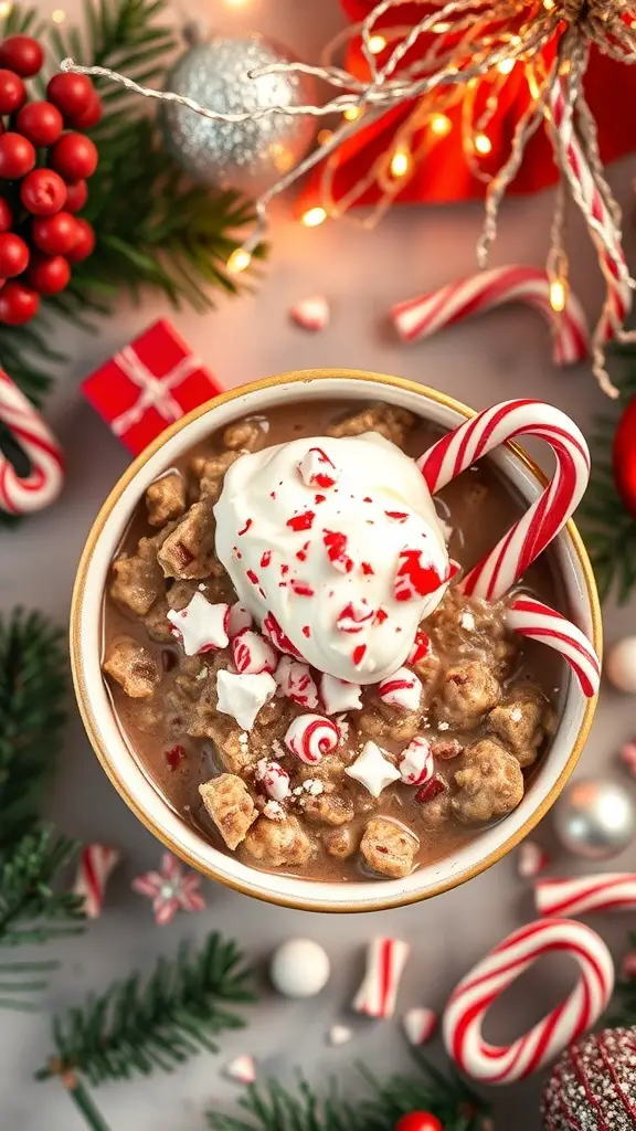 A bowl of peppermint hot chocolate oatmeal topped with whipped cream, crushed candy canes, and festive decorations.