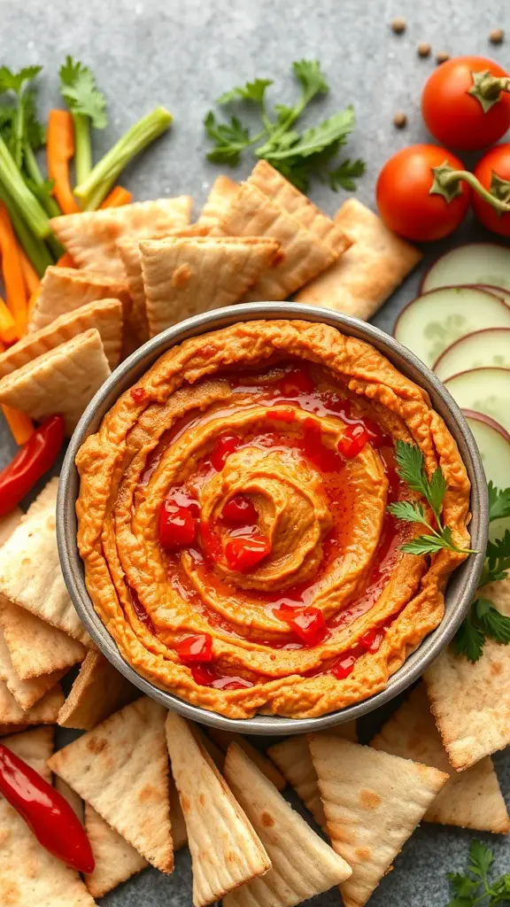 A bowl of roasted red pepper hummus topped with diced red peppers, surrounded by pita chips and fresh vegetables.