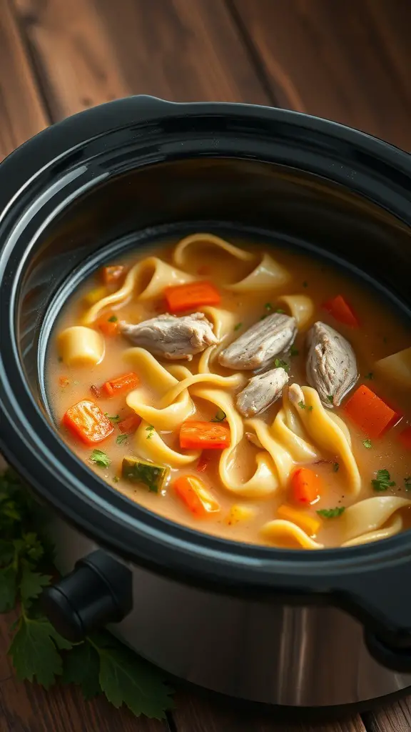 A bowl of classic chicken noodle soup in a crockpot with chicken, noodles, and vegetables.