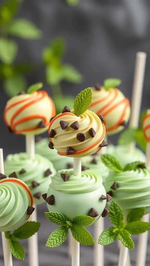Mint chocolate chip cake pops decorated with mint leaves and chocolate chips