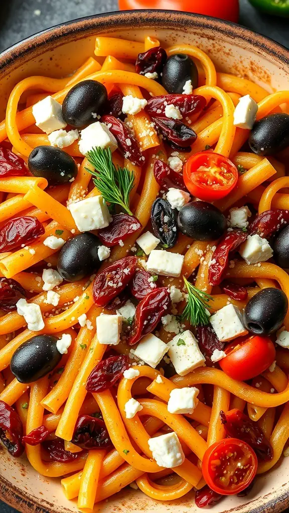 A vibrant Mediterranean Pasta Bake with olives, sun-dried tomatoes, and feta cheese.
