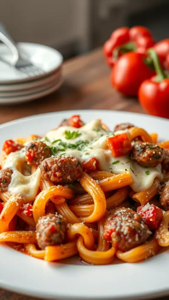 A plate of baked pasta with sausage and peppers, garnished with parsley and served with fresh tomatoes in the background.
