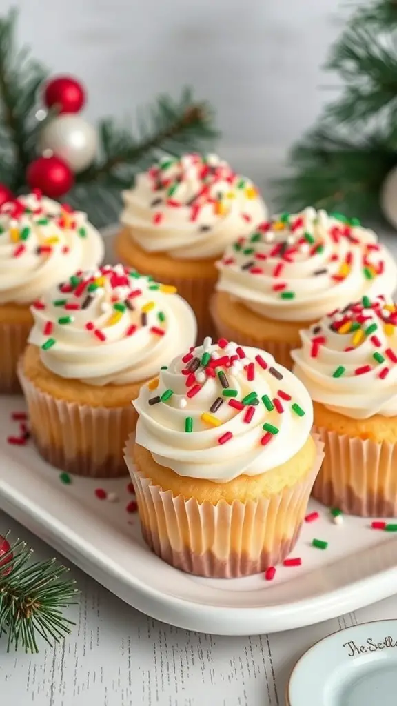 Vanilla bean cupcakes topped with white frosting and colorful sprinkles, displayed on a platter with holiday decorations.