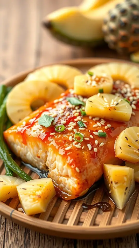A plate of teriyaki salmon garnished with pineapple, sesame seeds, and green onions.