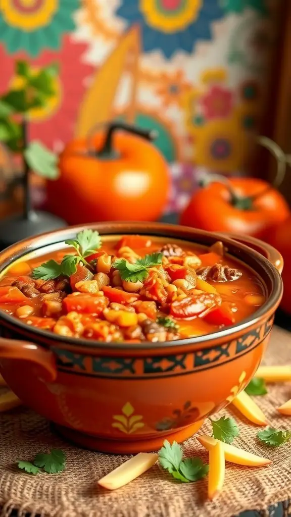 A bowl of spicy lentil and tomato stew garnished with cilantro, surrounded by fresh tomatoes.