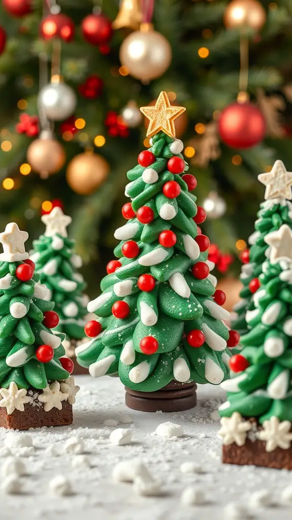 A festive display of decorated Christmas tree cakes with colorful icing and ornaments.
