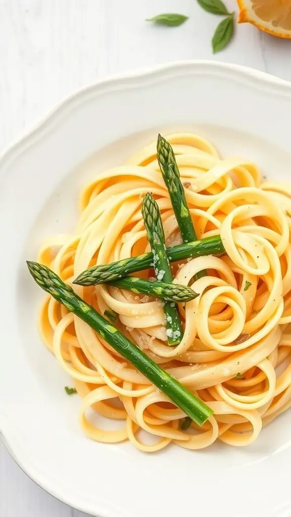 A plate of ditalini pasta with lemon butter and asparagus