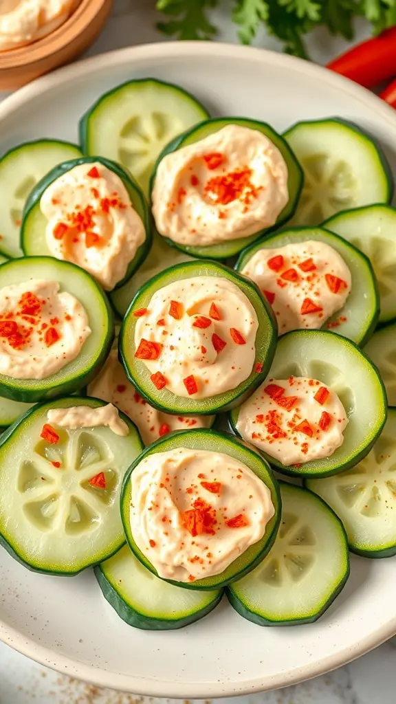 Cucumber rounds topped with hummus and sprinkled with red chili flakes.