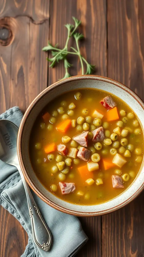 Bowl of split pea and ham soup with carrots on a wooden table