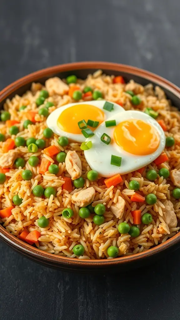 A bowl of chicken fried rice topped with two fried eggs and green onions.