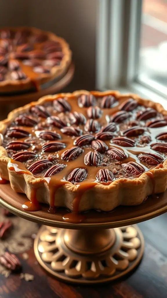 A delicious maple pecan pie topped with caramel drizzle and pecans, displayed on a cake stand.