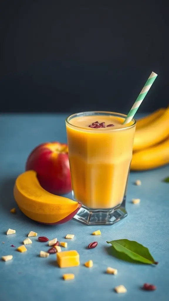 A refreshing mango and banana smoothie in a glass with a straw, surrounded by fresh fruits.