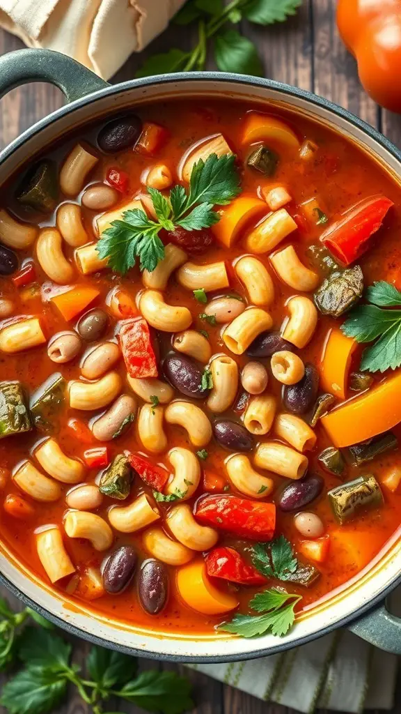 A pot of vegetable minestrone soup filled with colorful vegetables and pasta.