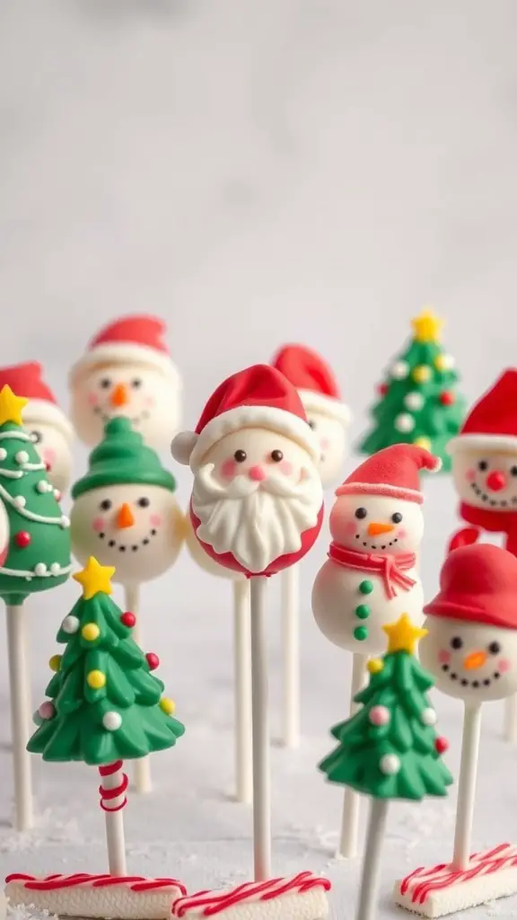 A variety of holiday-themed cake pops including Santa, snowmen, and Christmas trees.