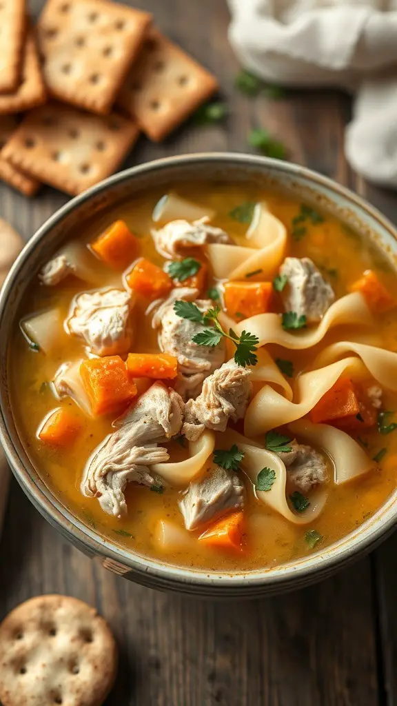 A bowl of classic chicken noodle soup with chicken, noodles, and squash, served with crackers.
