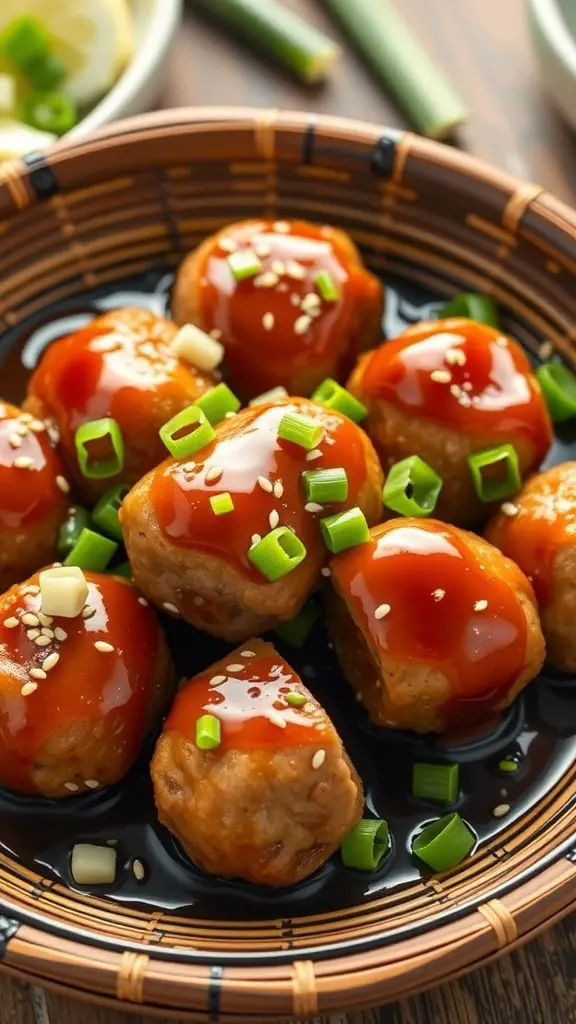 A bowl of Teriyaki Turkey Meatballs topped with green onions and sesame seeds in a rich sauce.